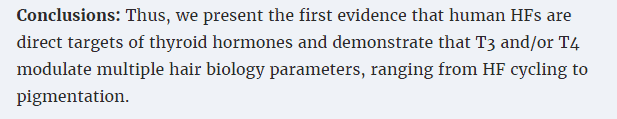 the conclusion of a research study which shows that human hair follicles are under the direct influence of thyroid hormones. 
