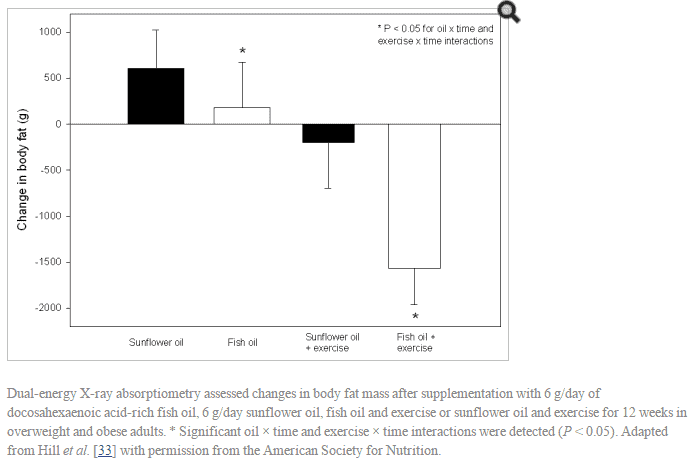 a graph which shows the impact of sunflower oil, fish oil, sunflower oil plus exercise, or fish oil plus exercise, and change in body fat in each group. 