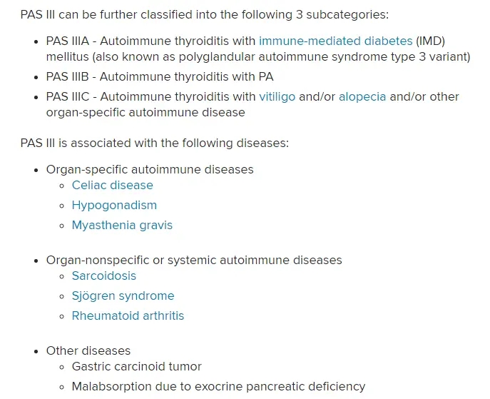 a chart which shows the difference between the various types of polyglandular autoimmune syndrome and the autoimmune diseases associated with each. 