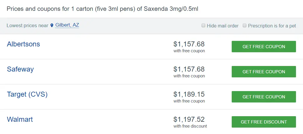 the cash prices of liraglutide are listed from goodrx which show an average price of over 1,100 USD. 