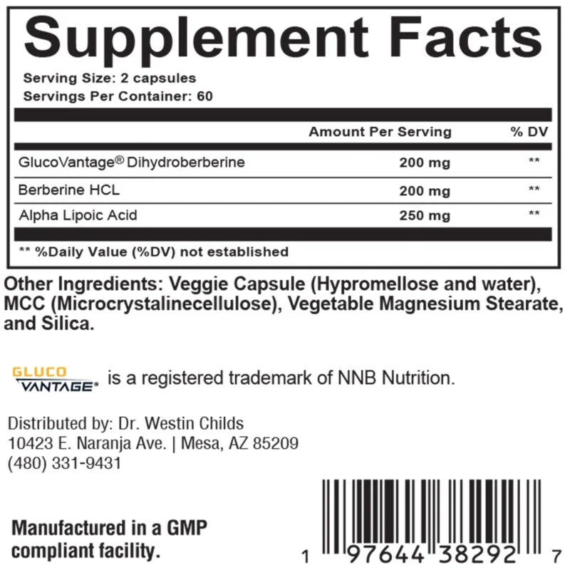 berberine 500 supplement fact panel with glucovantage and dihydroberberine