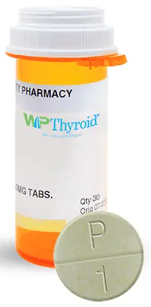 prescription bottle of wp thyroid and a wp thyroid tablet. 