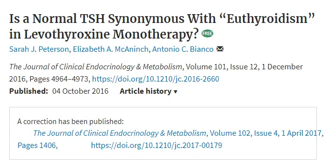 research study discussing the idea that a normal TSH means euthyroidism when taking levothyroxine monotherapy. 