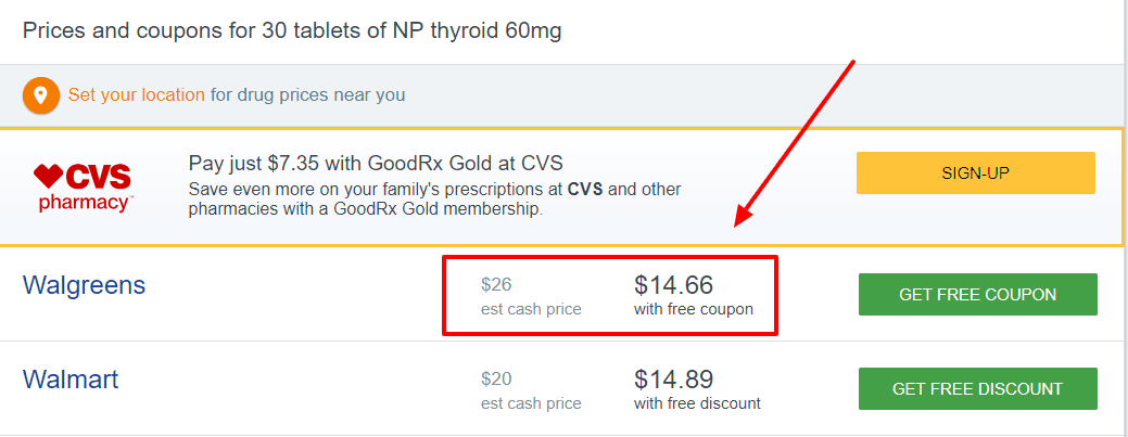 cost of NP thyroid for a 30 day supply