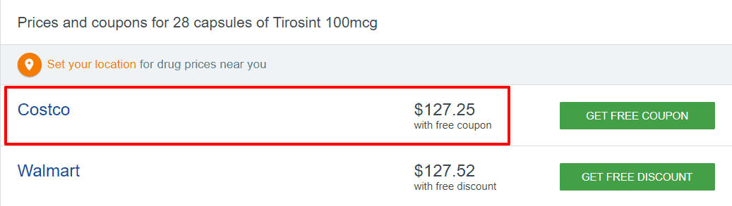 average monthly price of tirosint