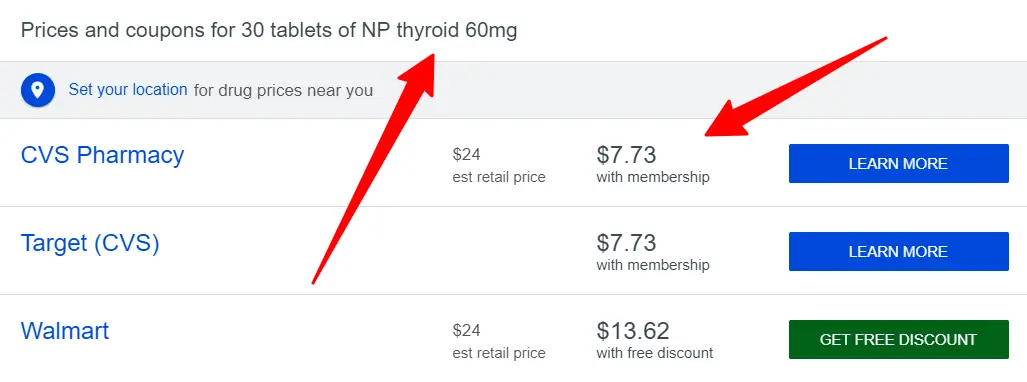 cash price of np thyroid