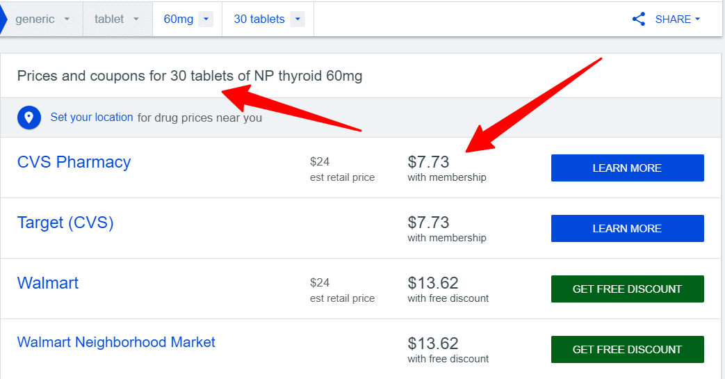 the cost of a 1 month supply of np thyroid