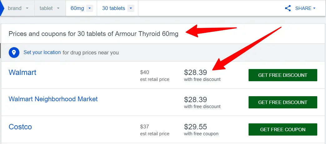 the price of a 1 month supply of armour thyroid