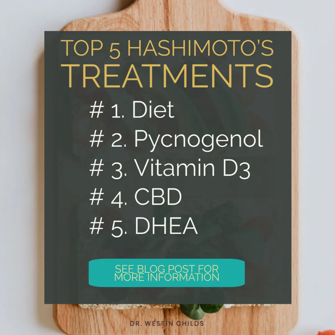 the top 5 hashimoto's treatments listed in a row with a cutting board in the background. 