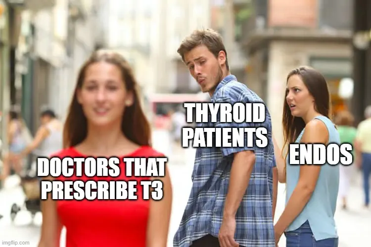 thyroid patients looking at doctors that prescribe t3 medication meme. 