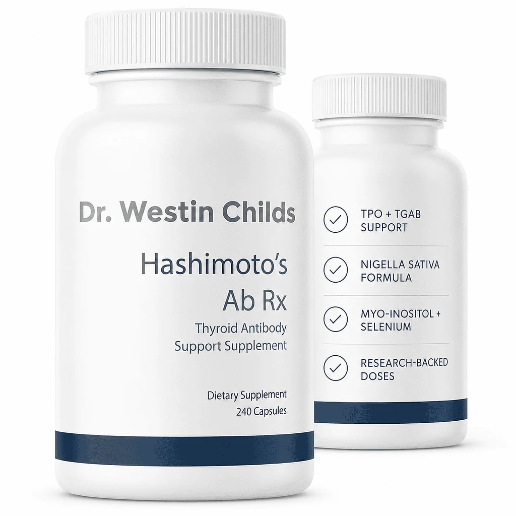 Front and side views of Hashimoto's Ab Rx supplement bottles for thyroid antibody and immune support with Nigella sativa, selenium, and myo-inositol.