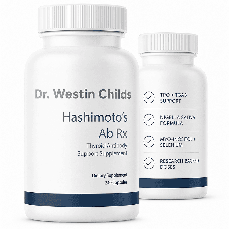 Front and side views of Hashimoto's Ab Rx supplement bottles for thyroid antibody and immune support with Nigella sativa, selenium, and myo-inositol.