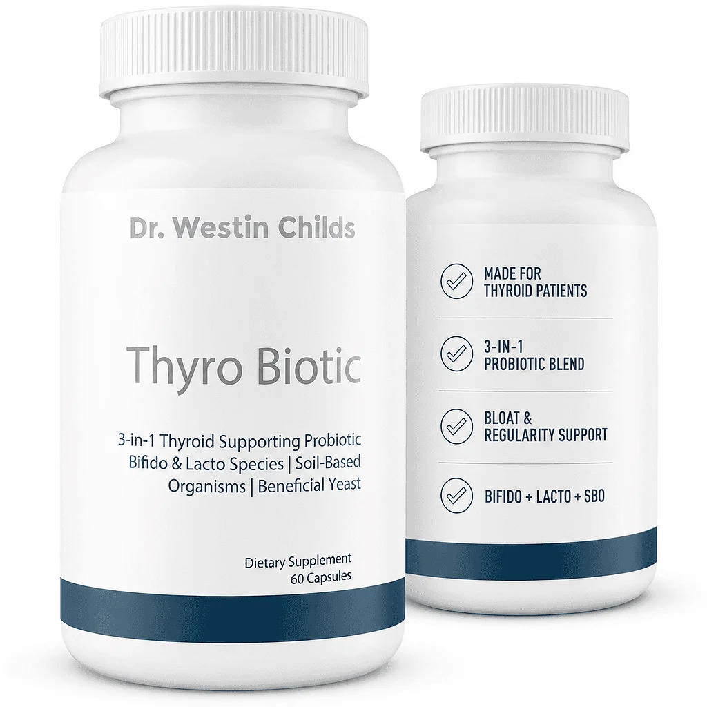Two Thyro Biotic bottles showing the front label and benefits including thyroid patient support, a 3-in-1 probiotic blend, and bloat and regularity support.