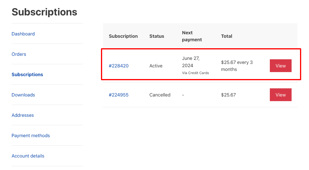 Subscription list showing the View button used to manage an existing subscription