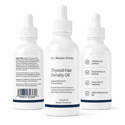 thyroid hair density oil front bottle image with side bottles
