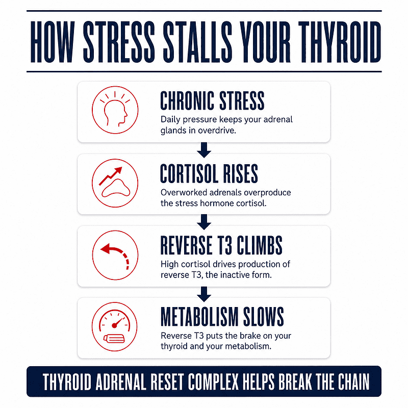 Diagram showing how chronic stress raises cortisol, increases reverse T3, and slows the thyroid and metabolism