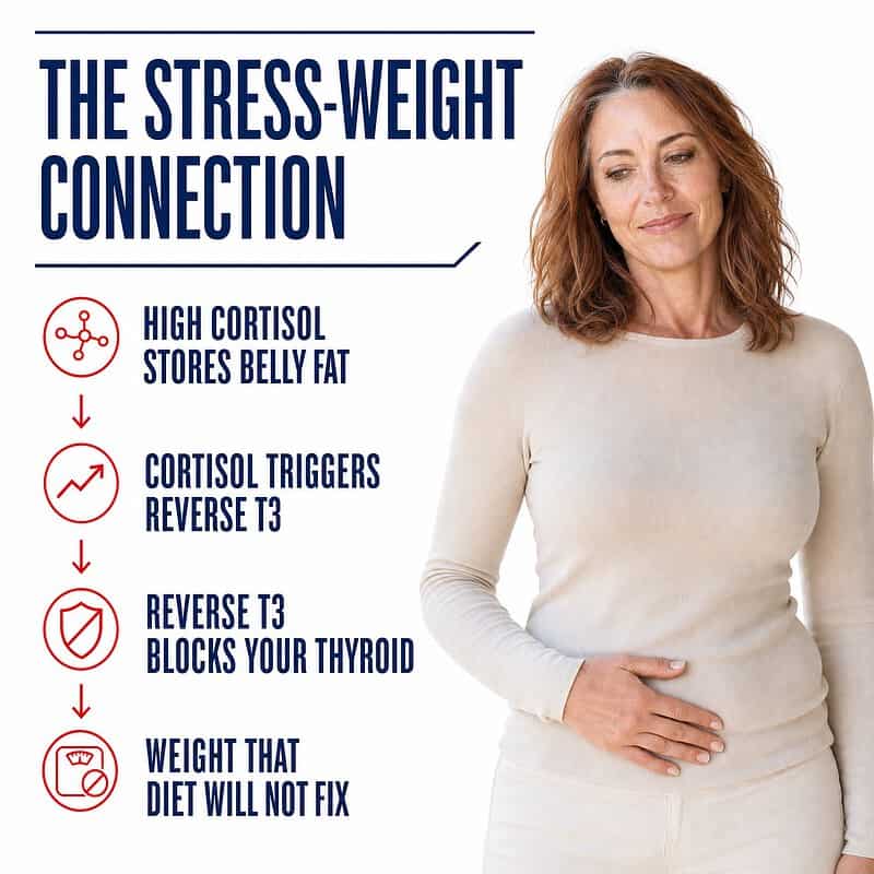 How high cortisol stores belly fat, triggers reverse T3, blocks the thyroid, and causes weight gain that dieting will not fix