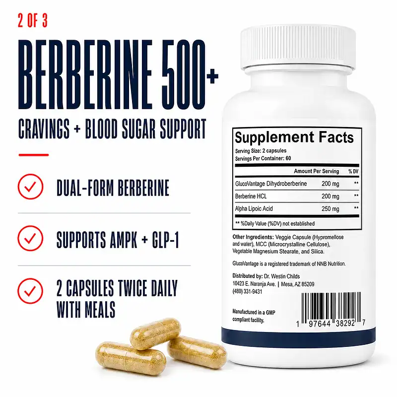Berberine 500+ Supplement Facts and golden capsules for craving, blood sugar, AMPK, and GLP-1 support.