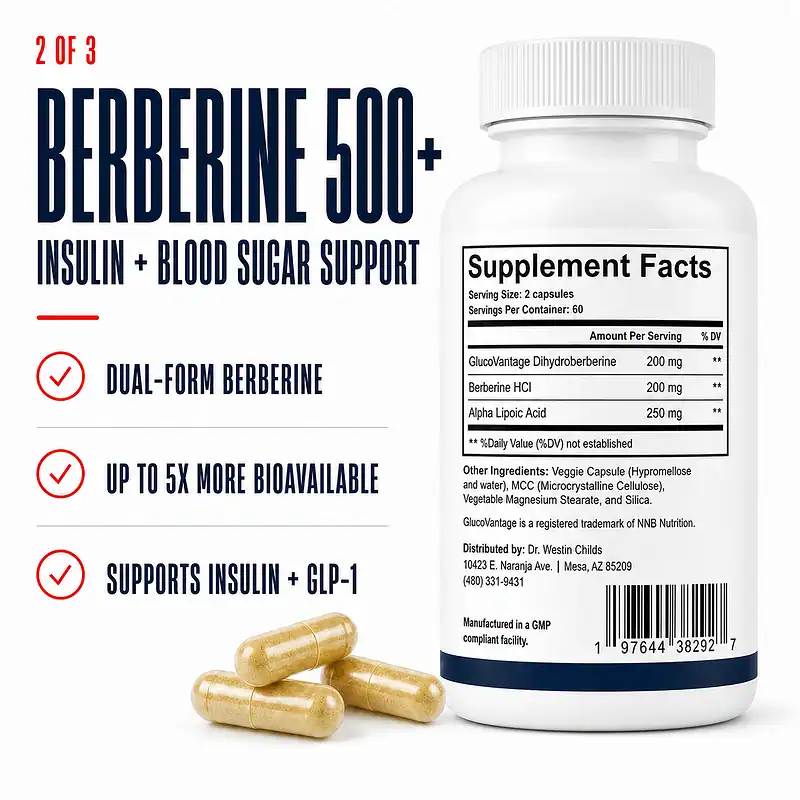 Berberine 500+ Supplement Facts bottle with golden capsules and callouts for dual-form berberine, bioavailability, insulin, and GLP-1 support