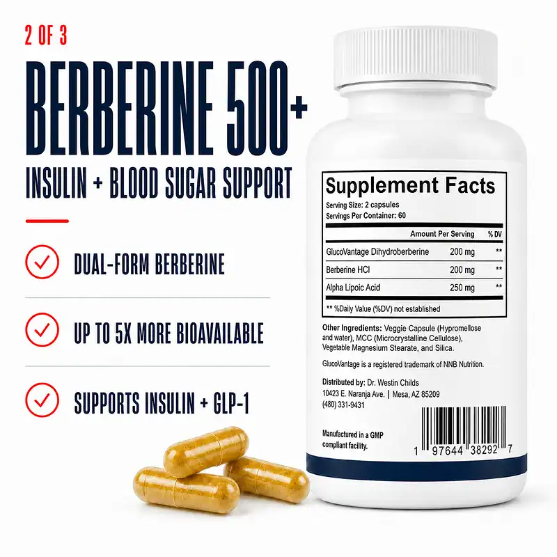 Berberine 500+ Supplement Facts bottle with golden capsules and callouts for dual-form berberine, bioavailability, insulin, and GLP-1 support