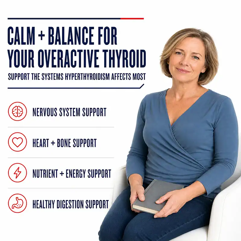Woman seated calmly beside nervous system, heart, bone, nutrient, energy, and healthy digestion support benefits for an overactive thyroid