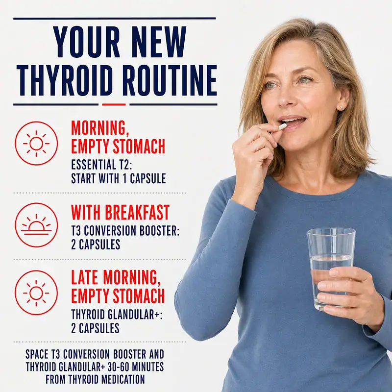 Woman taking a capsule with water beside the morning schedule for Essential T2, T3 Conversion Booster, and Thyroid Glandular+