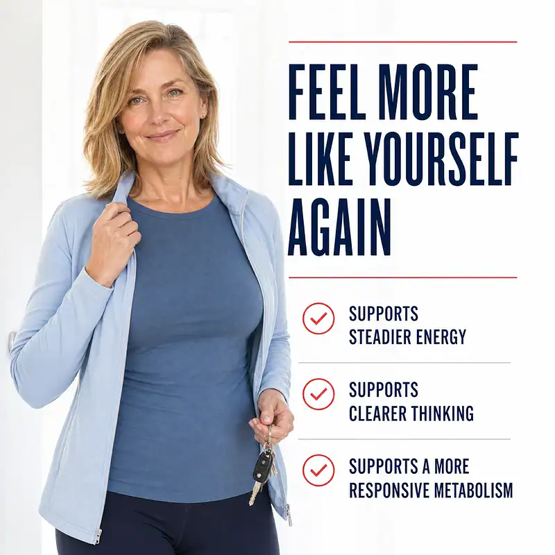 Woman heading out for the day beside Core Thyroid Trio support for steadier energy, clearer thinking, and a more responsive metabolism
