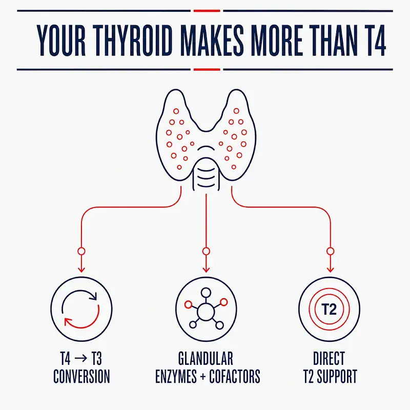 Clinical diagram showing T4-to-T3 conversion, glandular enzymes and cofactors, and direct T2 support