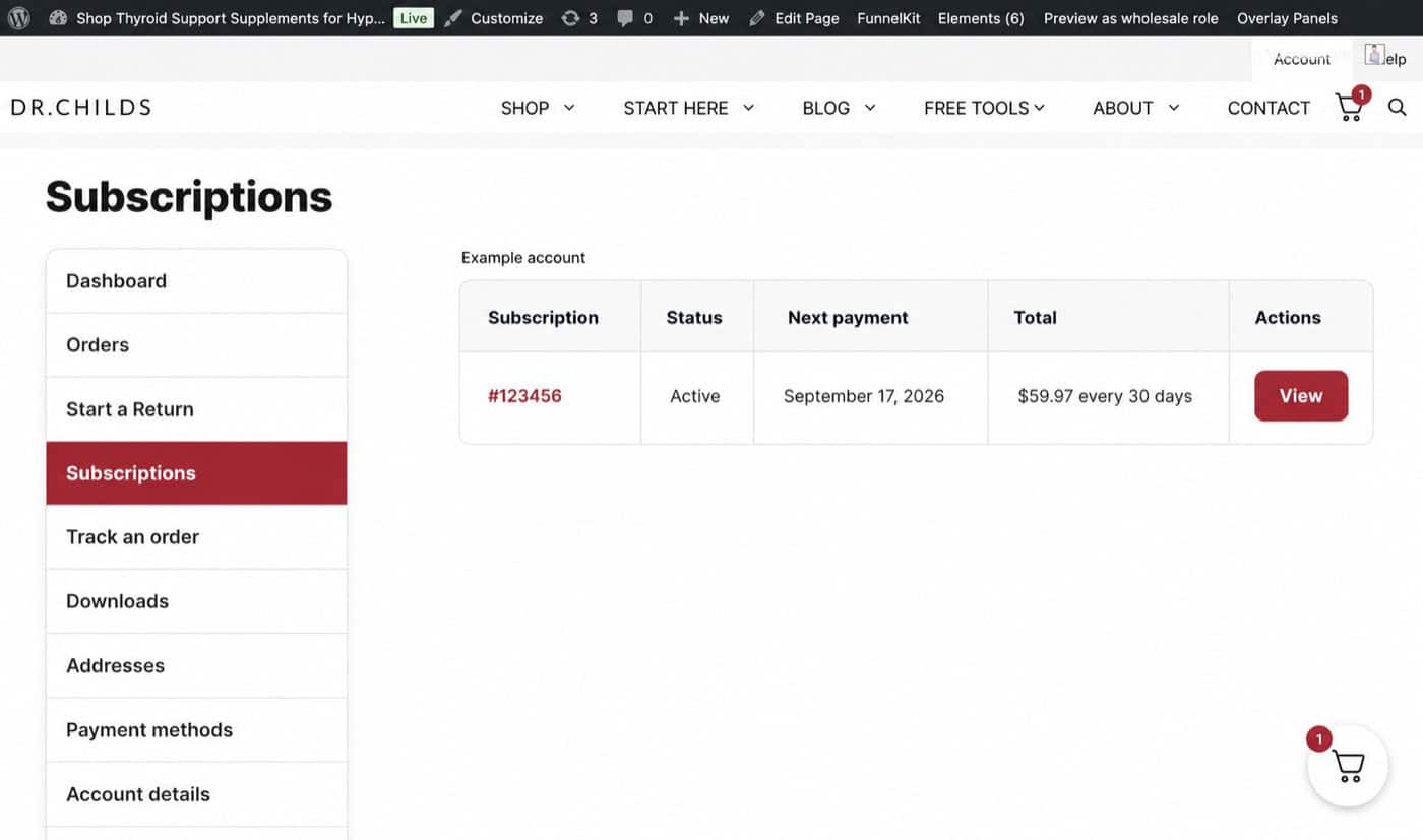 Example of the current subscriptions page showing an active subscription and the View button