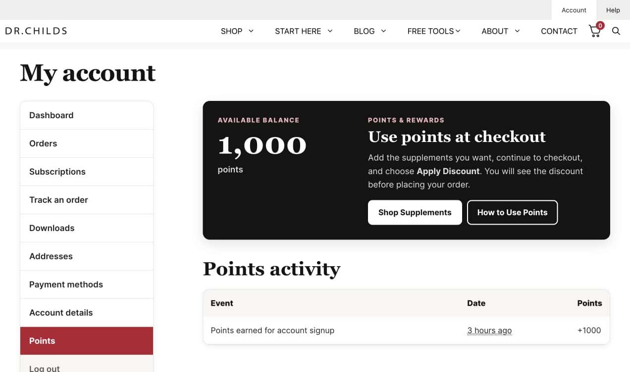 The Points section inside a Dr. Westin Childs customer account showing a 1,000 point balance, how to use points, and points activity.
