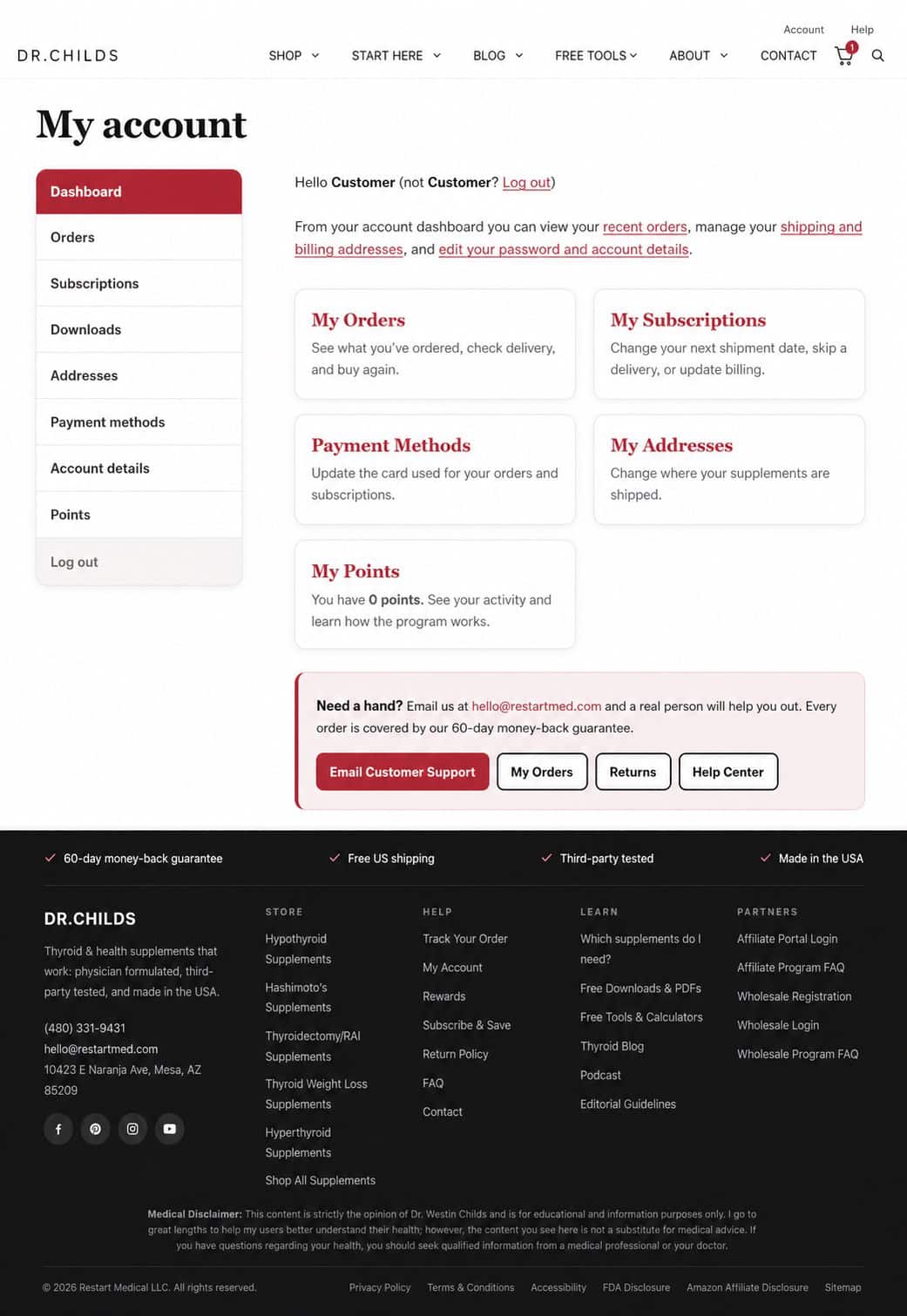 Dr. Westin Childs My Account dashboard with Subscriptions in the account menu