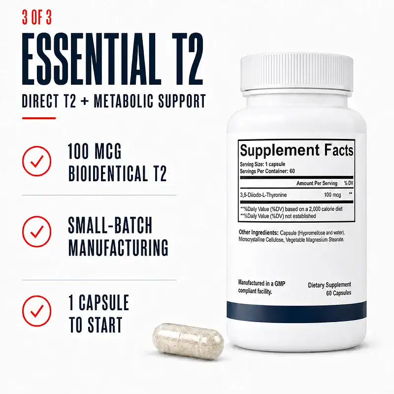 Essential T2 Supplement Facts bottle and capsule with bioidentical T2, small-batch manufacturing, and one-capsule starting dose