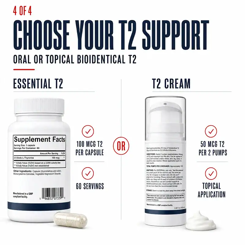 Essential T2 capsules and T2 Cream back labels showing oral or topical bioidentical T2 support options