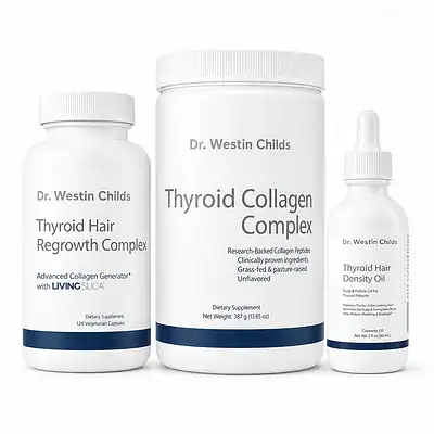 Hair, Skin & Nails Beauty Stack with Thyroid Hair Regrowth Complex, Thyroid Collagen Complex, and Thyroid Hair Density Oil.