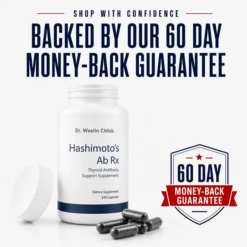 Open Hashimoto's Ab Rx bottle with dark capsules and a 60-day money-back guarantee badge.