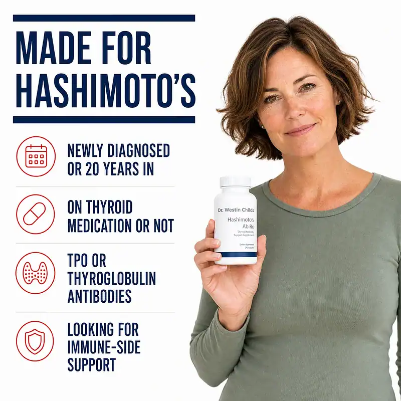 Woman holding Hashimoto's Ab Rx beside a checklist for newly diagnosed and long-term Hashimoto's patients, thyroid medication users, and thyroid antibody support.