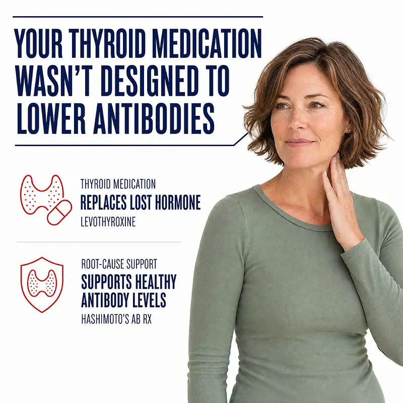 Woman touching her neck beside a comparison of thyroid medication hormone replacement and Hashimoto's Ab Rx immune and antibody support.