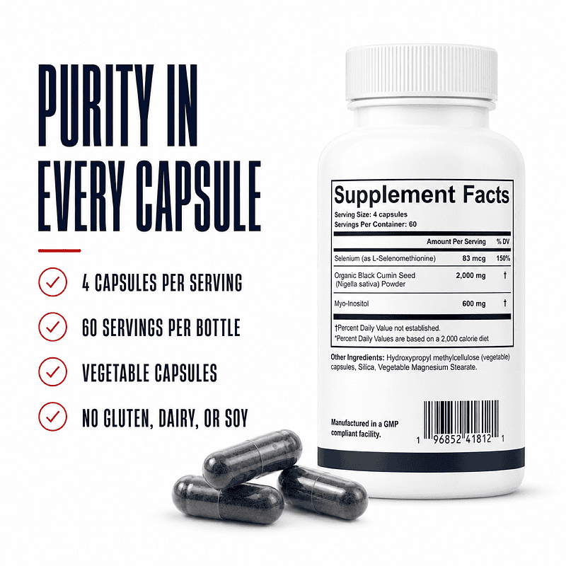 Hashimoto's Ab Rx Supplement Facts panel showing four capsules per serving, 60 servings, Nigella sativa, selenium, myo-inositol, and other ingredients.