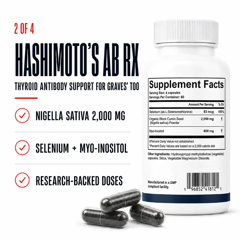 Hashimoto's Ab Rx Supplement Facts with clear HPMC capsules filled with black powder and research-backed nigella sativa, selenium, and myo-inositol doses
