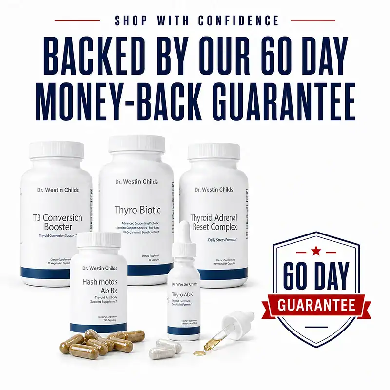 All five Hashimoto's Antibody Support Stack supplements displayed beside the 60 day money-back guarantee badge.