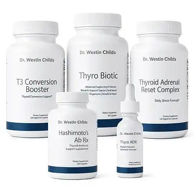 Five bottles included in the Hashimoto's Antibody Support Stack: T3 Conversion Booster, Thyro Biotic, Thyroid Adrenal Reset Complex, Hashimoto's Ab Rx, and Thyro ADK.