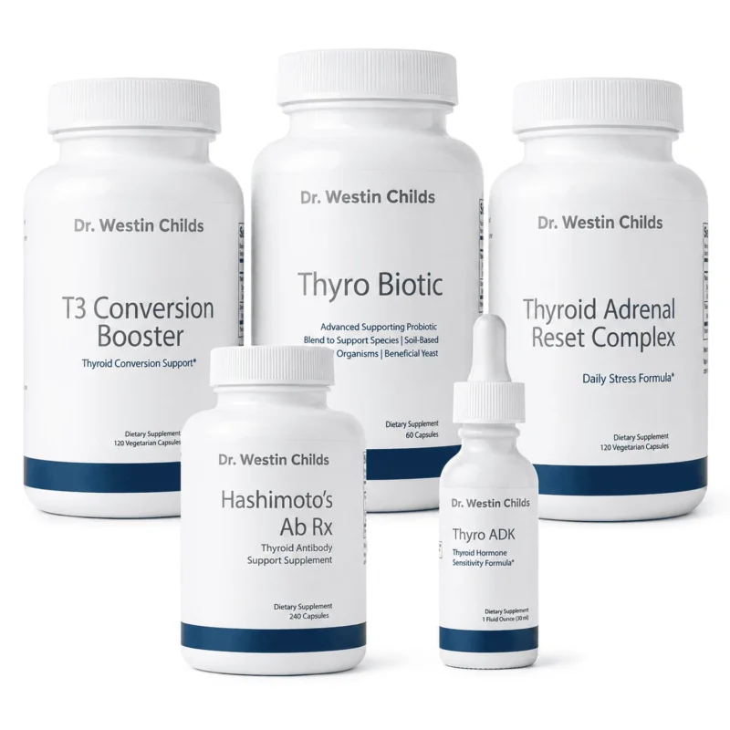 Five bottles included in the Hashimoto's Antibody Support Stack: T3 Conversion Booster, Thyro Biotic, Thyroid Adrenal Reset Complex, Hashimoto's Ab Rx, and Thyro ADK.