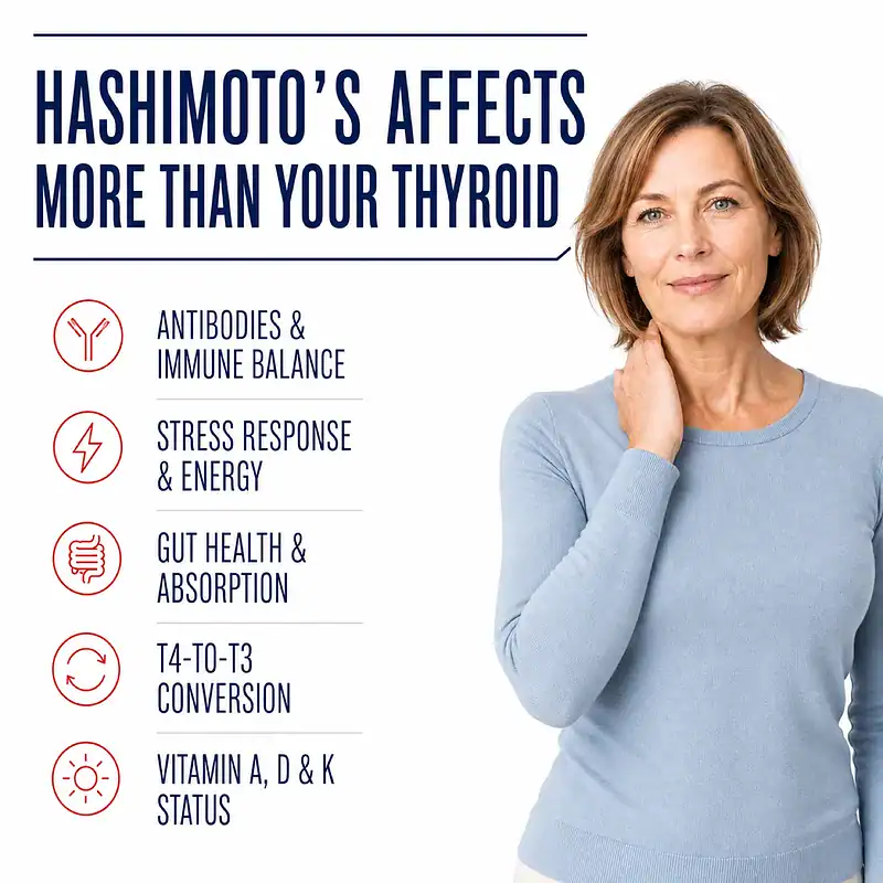 Woman touching her neck beside five areas Hashimoto's can affect: antibodies and immune balance, stress response and energy, gut health and absorption, T4-to-T3 conversion, and vitamin A, D, and K status.