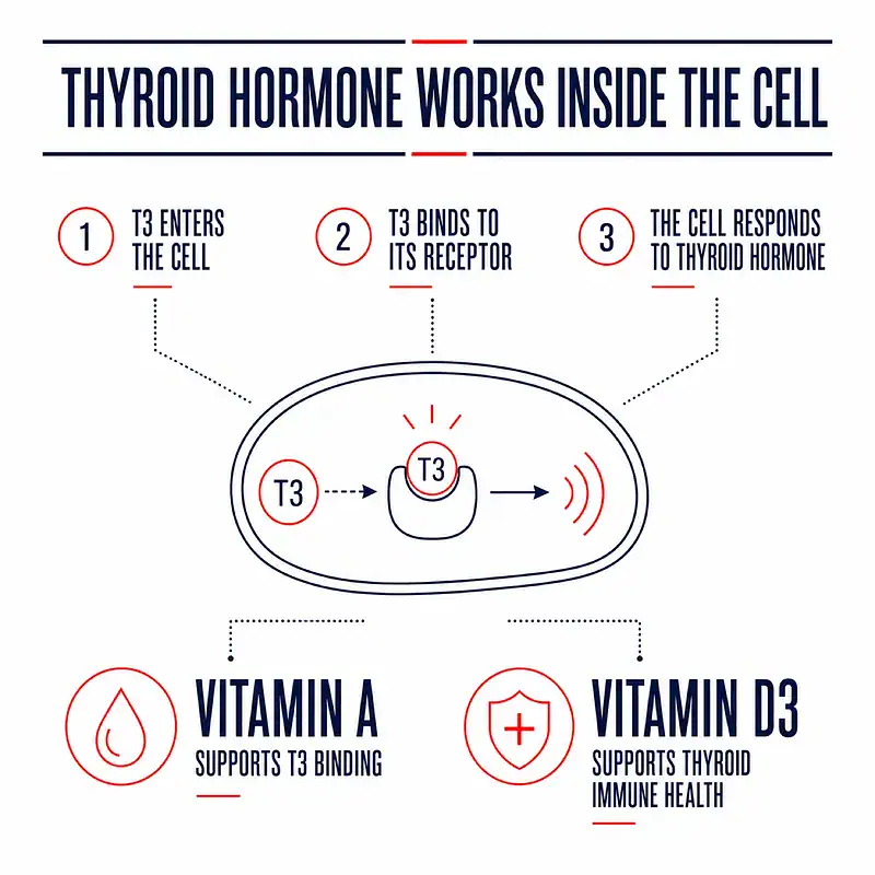 Diagram showing T3 entering a cell, binding its receptor, and activating a cellular response, with vitamin A and vitamin D3 support.