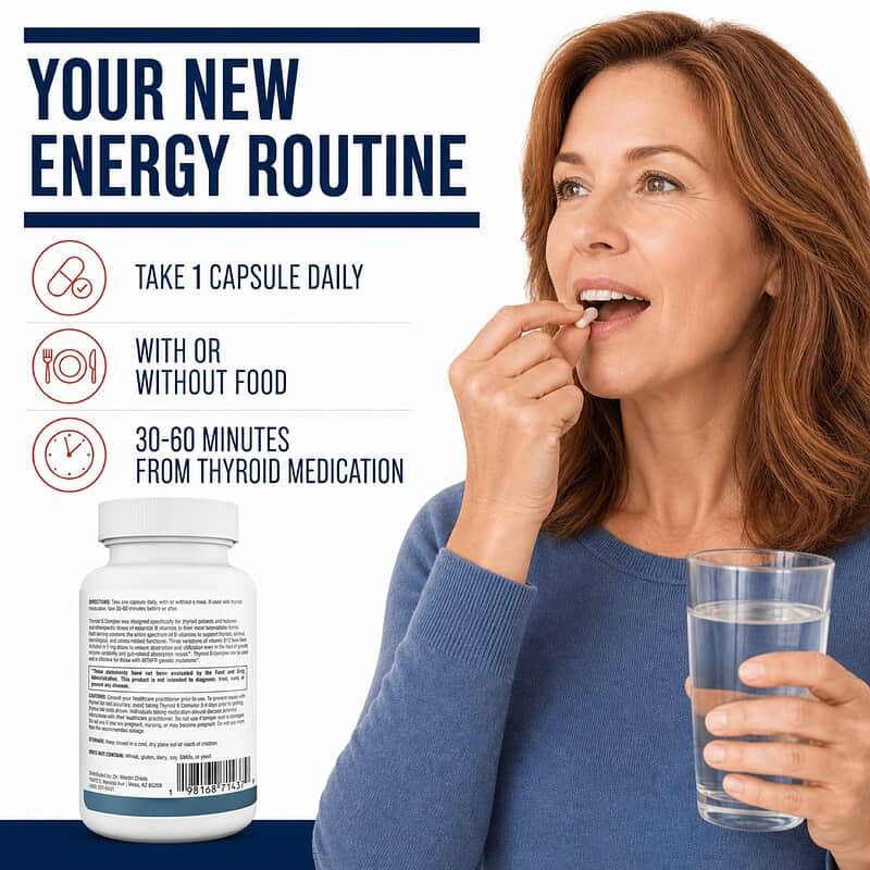 Woman taking one Thyroid B Complex capsule with water, with directions to separate it 30 to 60 minutes from thyroid medication.