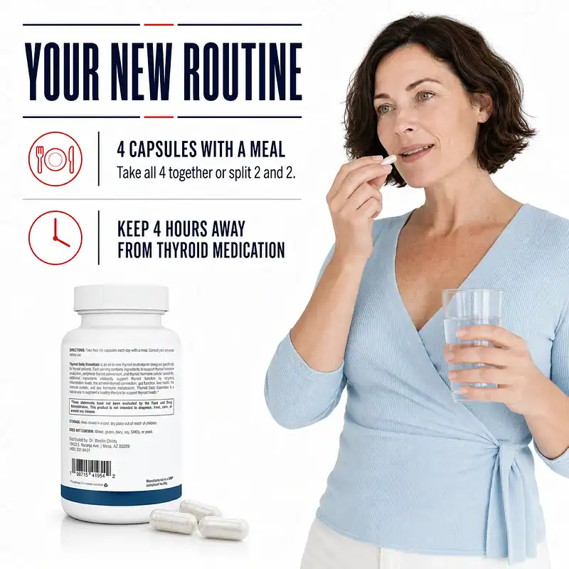 Woman taking a Thyroid Daily Essentials capsule with water beside directions to take 4 capsules with a meal and keep them 4 hours from thyroid medication.