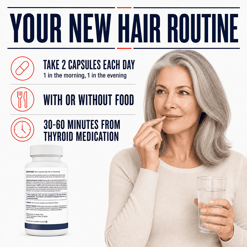 Woman taking Thyroid Hair Regrowth Complex with water beside instructions to take 2 capsules daily.