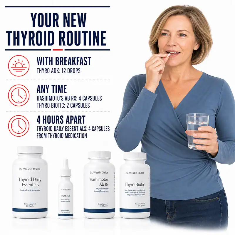 Woman taking a capsule with water beside the daily schedule for Thyro ADK, Hashimoto's Ab Rx, Thyro Biotic, and Thyroid Daily Essentials