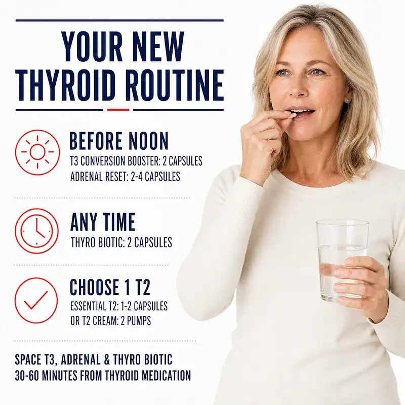 Woman taking capsules with water beside the daily schedule for the Hypothyroid Energy and Metabolism Support Stack