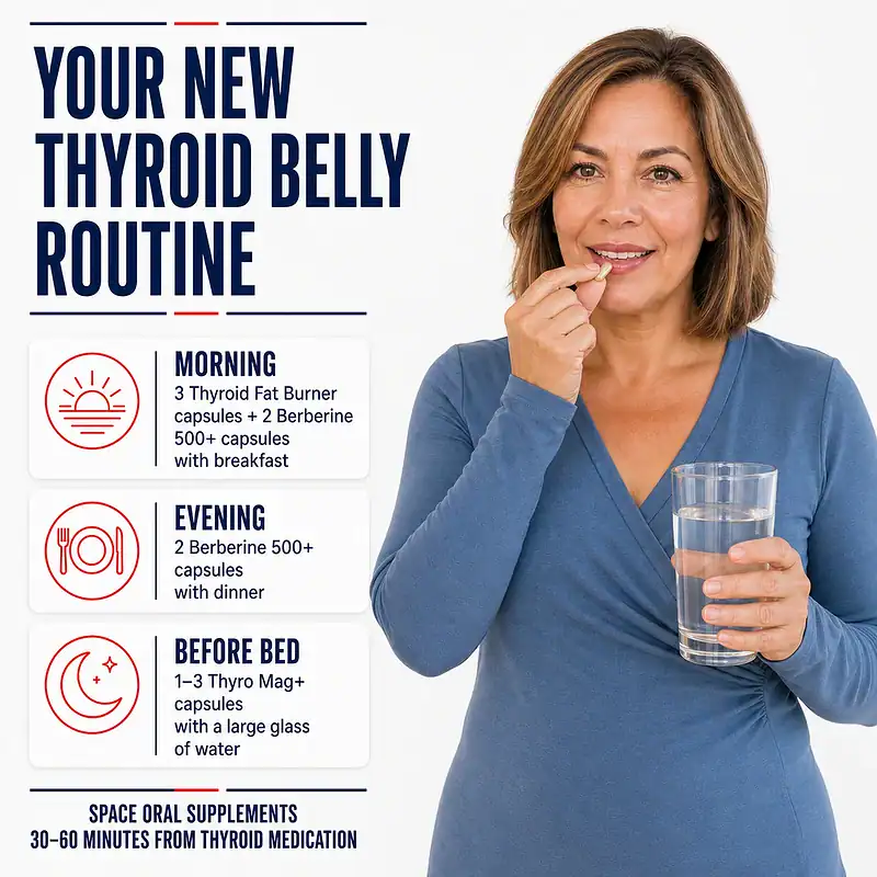 Woman taking a capsule with water beside the morning, evening, and bedtime schedule for Thyroid Fat Burner, Berberine 500+, and Thyro Mag+.
